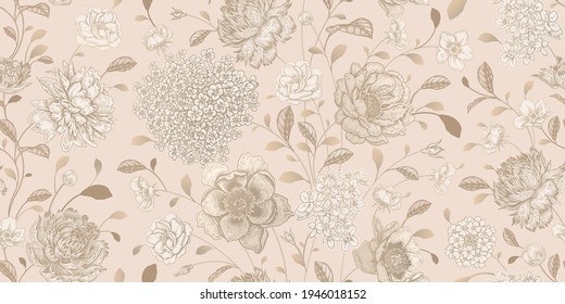 Wedding seamless flower pattern. Vintage floral background vector. White and gold foil. Cute flowers roses peonies, hydrangea. Victorian style. For textiles, paper, wallpaper decoration. Luxury cover.