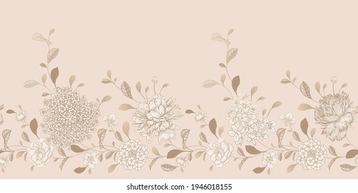 Patrón de flores sin fisuras de casamiento. Vector vintage de fondo floral. Lámina blanca y dorada. Las flores cortas rozan peonías, hidrangea. Estilo victoriano. Para los textiles, el papel, la decoración de papel pintado. Cubierta de lujo.