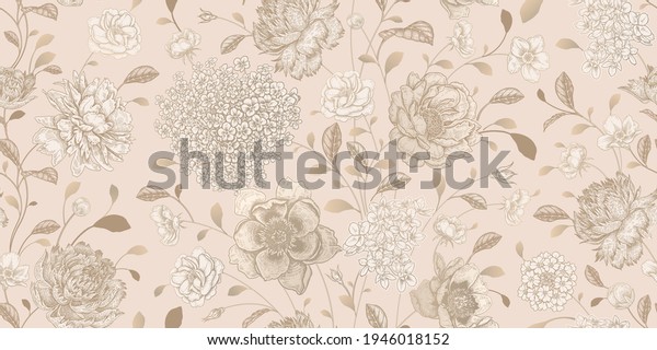 Wedding seamless flower pattern. Vintage floral background vector. White and gold foil. Cute flowers roses peonies, hydrangea. Victorian style. For textiles, paper, wallpaper decoration. Luxury cover.