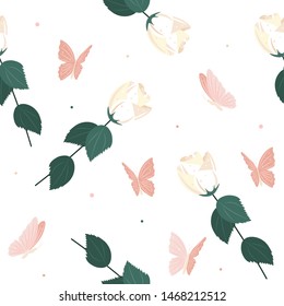Wedding seamless paettern with white rose and butterfly. Valentine background. Element for logo, game, print, poster or other design project. Vector illustration.