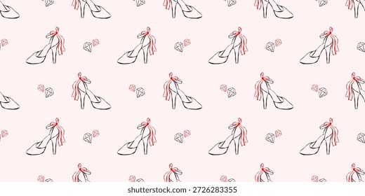 Hochzeit nahtlose Muster mit Braut High Heels, Bögen und kleinen Herzen. Ideal für Bachelorette-, Hochzeits- und Valentinstag-Party-Design, Verpackung, Schreibwaren und festliche Hintergründe.