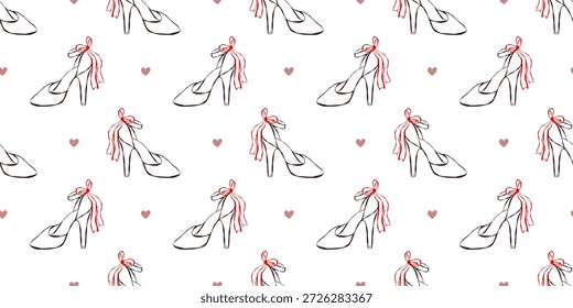 Hochzeit nahtlose Muster mit Braut High Heels, Bögen und kleinen Herzen. Ideal für Bachelorette-, Hochzeits- und Valentinstag-Party-Design, Verpackung, Schreibwaren und festliche Hintergründe.