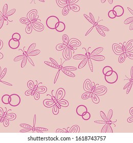 Wedding seamless pattern with butterflies, dragonflies and wedding rings. Vector illustration for Valentine's day. Can be used for weddings and other designs.