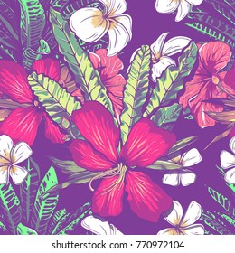 Wedding seamless pattern design with exotic tropical flowers and leaves. vector