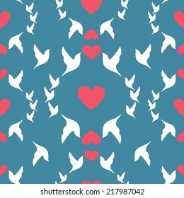 Wedding seamless pattern doves and hearts. Beautiful vector hand drawn texture. Romantic background for web pages, wedding invitations, save the date cards. 