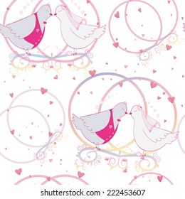 wedding seamless pattern. Groom bride and rings. Pair of doves. Vector