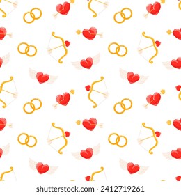 Wedding seamless pattern with heart, wedding rings, Cupid bow and arrow. Valentine's day vector illustration background. Detailed cartoon element for holiday patterns, packaging, designs