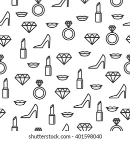 Wedding seamless pattern with line icons on white background. Wedding icons seamless pattern. Pattern with diamonds, lips, shoes, lipsticks, wedding rings and high heels. Fashion and beauty pattern.