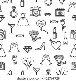 Wedding seamless pattern with line icons on white background. Wedding icons seamless pattern. Pattern with diamonds, lips, shoes, lipsticks, wedding rings, bouquets,     dresses and high heels. 