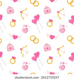 Wedding seamless pattern with love symbol illustrations: heart, engagement ring, love letter, balloon, Cupid bow arrow, lock, key. Valentine's day cartoon background for packaging, designs