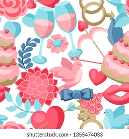 Wedding seamless pattern. Marriage background with romantic items.