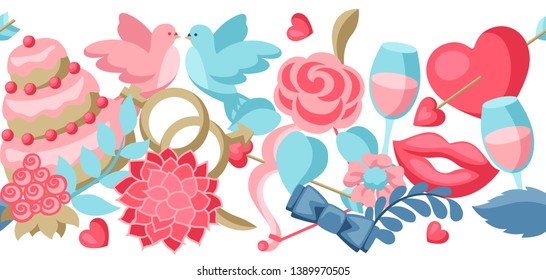 Wedding seamless pattern. Marriage background with romantic items.