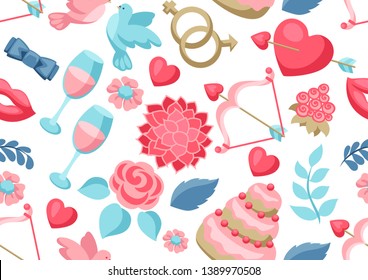 Wedding seamless pattern. Marriage background with romantic items.