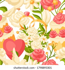 Wedding seamless pattern. Marriage background with romantic items.