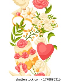 Wedding seamless pattern. Marriage background with romantic items.