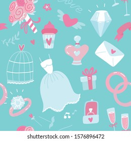 Wedding seamless pattern on a pretty turquoise blue background with a bridal gown, veil, gift, cake, bouquet with love letter, rings, bells and champagne for wrapping paper or card.