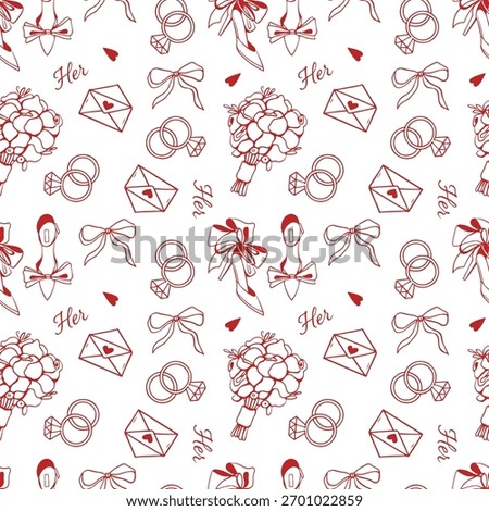 Wedding seamless pattern with red line icons on white background. Wedding illustrations seamless pattern. Pattern with Wedding rings, bridal bouquet, bows. Background for weddings, valentines day