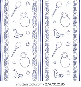 Wedding seamless pattern, stripe, matryoshka, bagels, blue, Slavic wedding, a-la Russia, vector