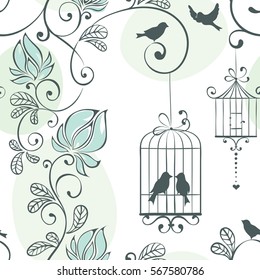 Wedding seamless pattern, vector illustration with flowers and birds