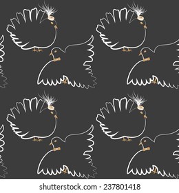 Wedding seamless pattern with white doves on black background