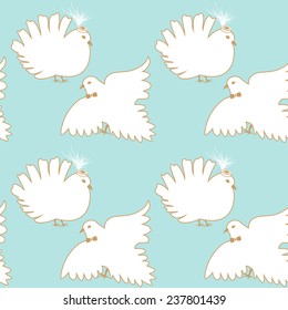 Wedding seamless pattern with white doves on blue background