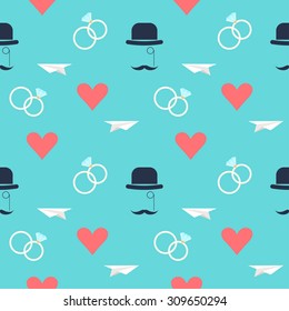 wedding seamless romantic decorative pattern background with cartoon elements isolated on stylish blue background for use in design for card, invitation, poster, placard cover
