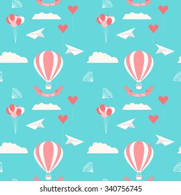 wedding seamless romantic decorative pattern background with pink colored cartoon elements isolated on stylish blue background for use in design for card, invitation, poster, placard cover