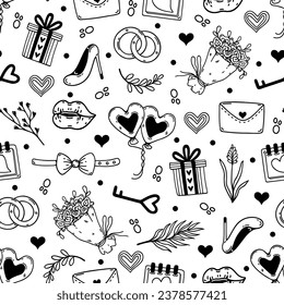 Patrón vectorial sin fisuras de casamiento. Símbolos matrimoniales - corazones, globos, mensajes de amor, regalos, aretes de compromiso, flores, besos. Día de San Valentín, cita romántica. Fondo del doodle en blanco y negro