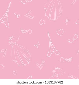 Wedding seamless vector two-color pattern. Bride in a long dress and veil with the groom, a romantic journey.