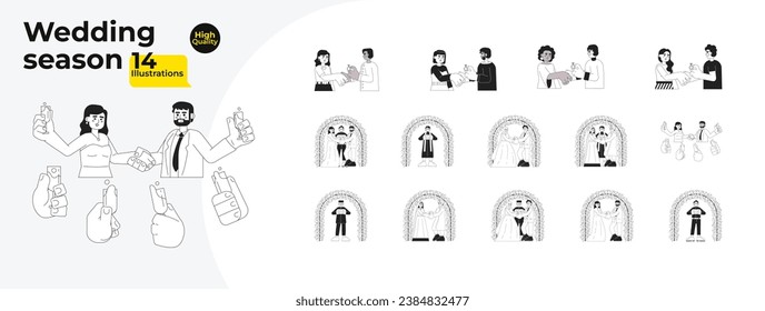 Wedding season black and white cartoon flat illustration bundle. Engagement, marriage proposal diverse linear 2D characters isolated. Multinational bride groom monochromatic vector image collection