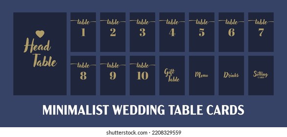 Wedding Seating Cards Set, Vector Template with Numbers and Table Names, Elegant Minimalist Table Cards of Navy Blue Color and Gold Calligraphy Collection.