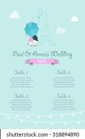 Wedding Seating Chart. Includes Tables List, Bunnies Behind Umbrella with Eiffel Tower in the Background. Vector Illustration with Flat Design.