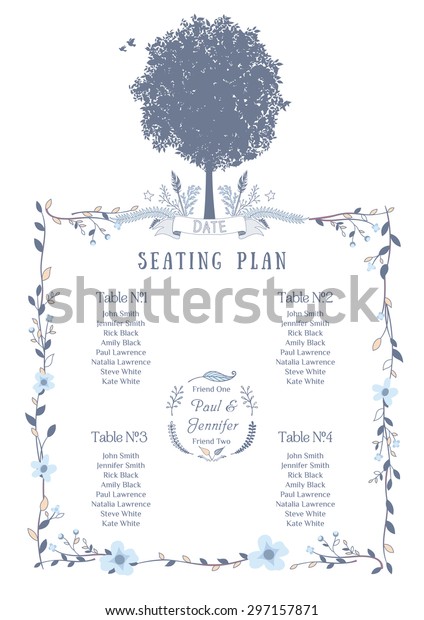 Wedding Seating\
Chart. Includes Tables List, Tree, Birds and Floral Frame. Vector\
Illustration with Flat\
Design.
