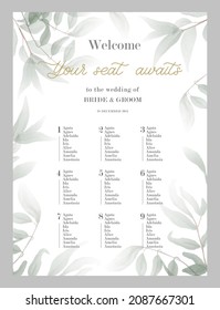 Wedding Seating Chart Poster Template.Your seat awaits - hand drawn modern calligraphy inscription for wedding sign with number. Seating plan for guests with table numbers.