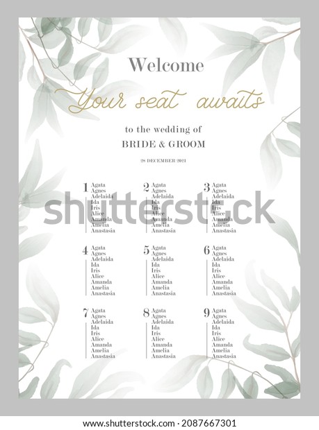 Wedding Seating Chart\
Poster Template.Your seat awaits - hand drawn modern calligraphy\
inscription for wedding sign with number. Seating plan for guests\
with table numbers.