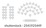 Wedding seating plan element. Conference banquet seminar classroom interior, conference hall and seminar room interior design. Vector top view of arrangement of banquet furniture seats illustration