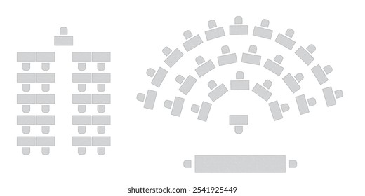 Hochzeit Sitzplan Element. Konferenz Bankett Seminar Klassenraum Interieur, Konferenzsaal und Seminarraum Innenausstattung. Vektorgrafik der Anordnung von Bankettmöbelsitzen in der Draufsicht