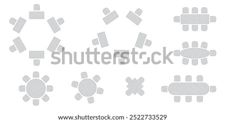 Wedding seating plan element. Conference banquet seminar classroom interior, conference hall and seminar room interior design. Vector top view of arrangement of banquet furniture seats illustration. 