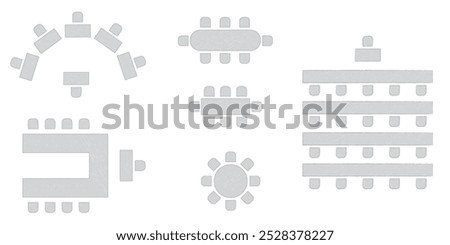 Wedding seating plan element. Conference banquet seminar classroom interior, conference hall and seminar room interior design. Vector top view of arrangement of banquet furniture seats illustration