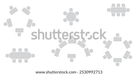 Wedding seating plan element. Conference banquet seminar classroom interior, conference hall and seminar room interior design. Vector top view of arrangement of banquet furniture seats illustration