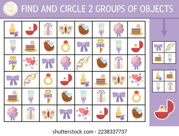 Wedding seek and find game with traditional symbols. Attention skills training puzzle with ring, present. Marriage ceremony printable activity or searching puzzle for kids. Find groups of objects