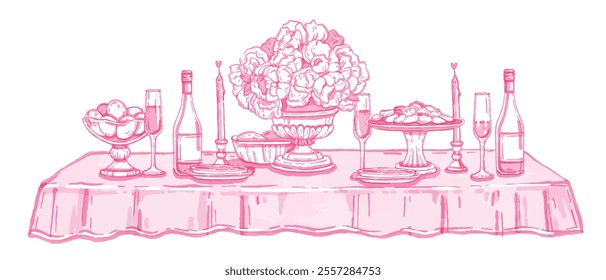 Wedding served table illustration, vector watercolor hand drawn romantic dinner, Italian date doodle. Valentine Day celebration vintage eatery, wineglass, bottle, flower vase. Wedding table decor