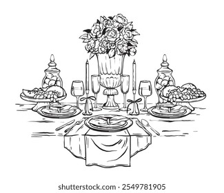 Boda servida Ilustración vectorial de mesa romántica florero elegante del almuerzo de la fecha, copa de vino, vela. Banquete del restaurante de la celebración, mantel del acontecimiento del aniversario de la orden. Diseño de invitación de mesa de boda