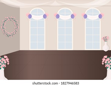 Wedding service hall flat color vector illustration. Floral decor for bridal ceremony. Romantic style venue for engagement party. Celebratory 2D cartoon interior with decorated windows on background