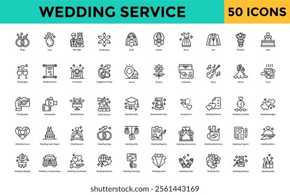 Wedding Service icon set with rings, love, marriage, celebration, bride, groom, dress, suit, bouquet, cake icon. Simple line vector 
