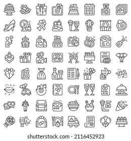 Wedding service icons set outline vector. Party catering. Service cake