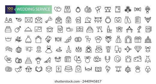 Wedding service icons set outline vector. Outline web wedding service icons such as website address, wedding vows, flower, wedding planner.