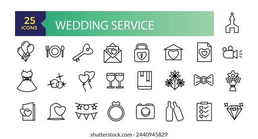 Wedding service icons set outline vector. Outline web wedding service icons such as website address, wedding vows, flower, wedding planner.