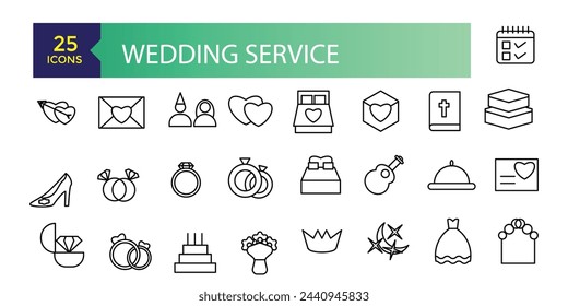 Wedding service icons set outline vector. Outline web wedding service icons such as website address, wedding vows, flower, wedding planner.