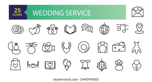 Wedding service icons set outline vector. Outline web wedding service icons such as website address, wedding vows, flower, wedding planner.